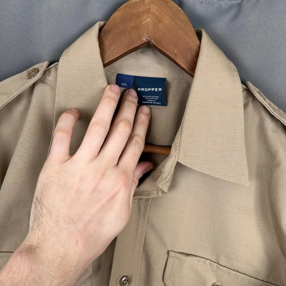 Propper Mens Tactical Ripstop Long Sleeve Shirt Tan Khaki Epaulets M/L F5302